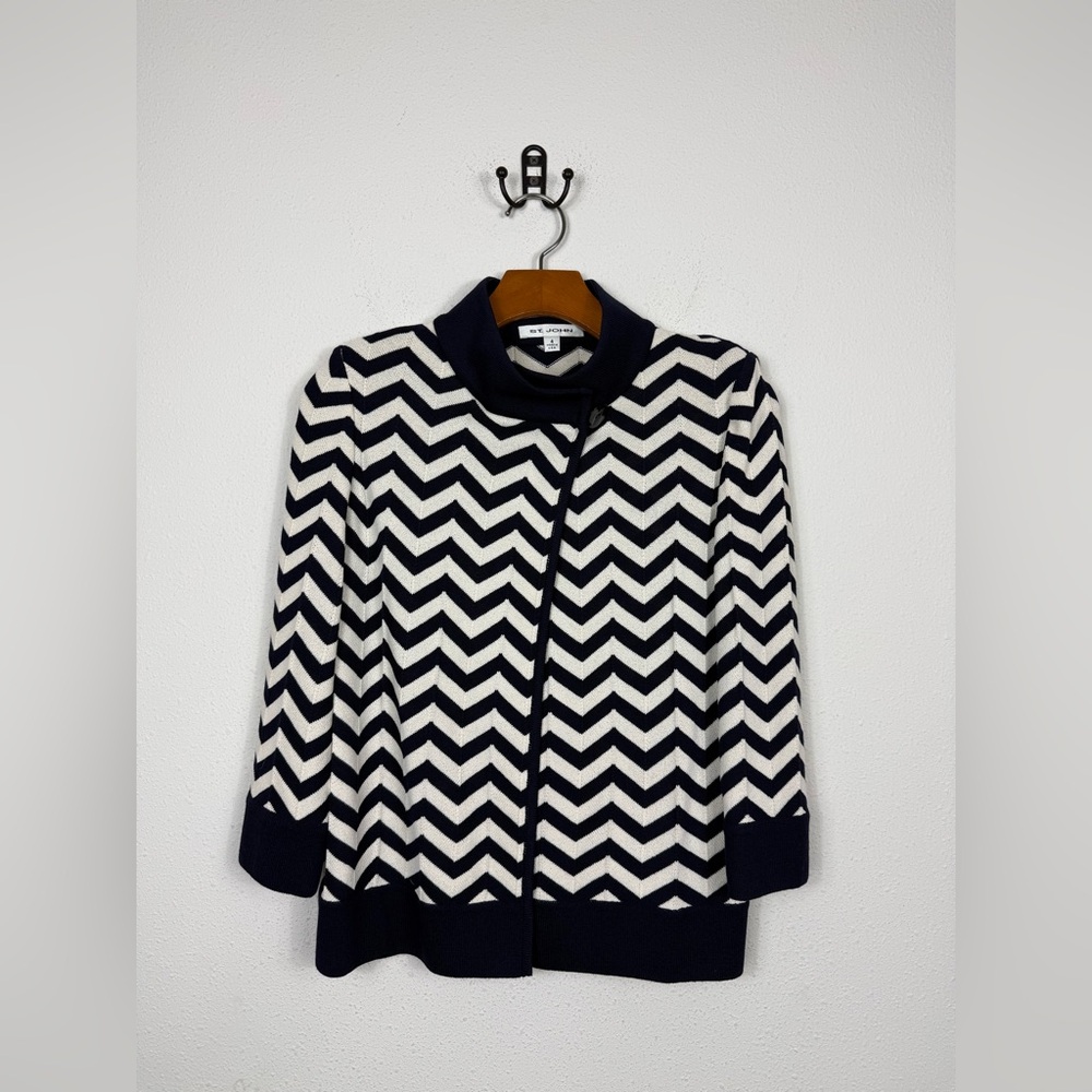 St. John Herringbone One Button Navy Cape Cardigan Sweater Made in USA Sz 4